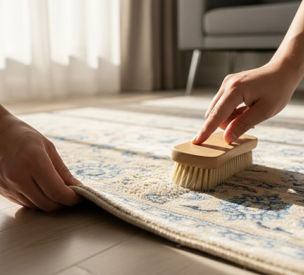 استفاده از برس مویی برای جلوگیری از سفت شدن فرش ابریشم ماشینی بعد از شست و شو