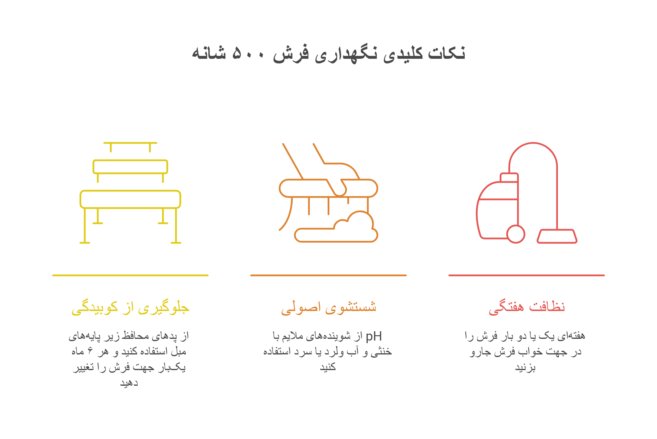 تصویری از اینفوگرافیک نکات کلیدی نگهداری برای افزایش طول عمر فرش ۵۰۰ شانه